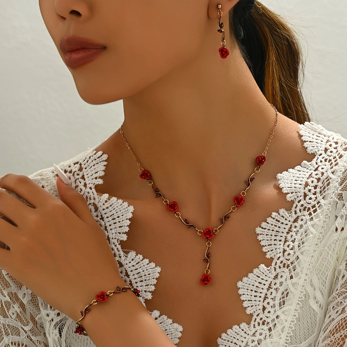 Luxury Romantic Red Rose Jewelry Set Handmade Bridal Elegance