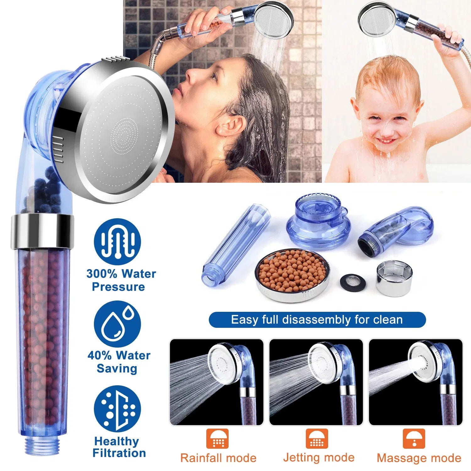 High Pressure Ionic Filter Shower Head 3 Mode Handheld