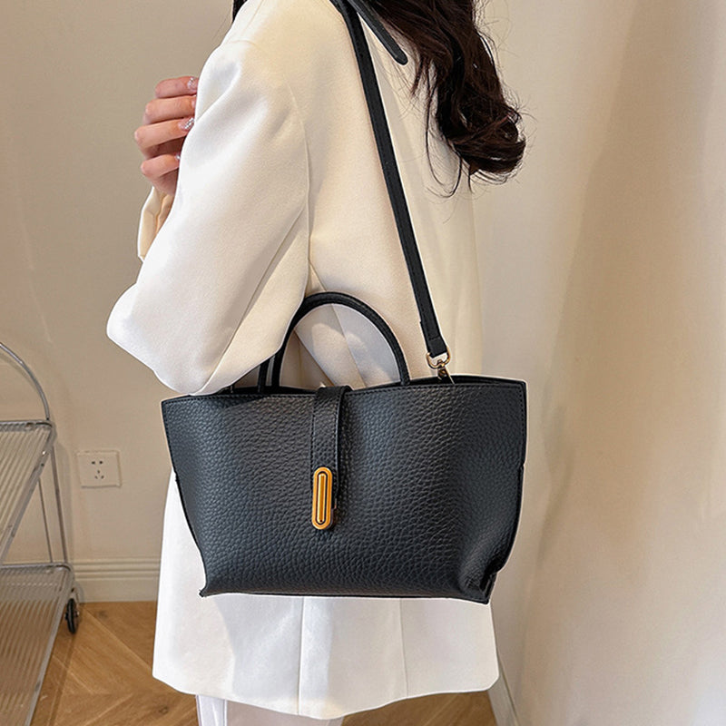 Large Capacity Litchi Pattern Shoulder Bag INS Zipper Bucket Tote Women