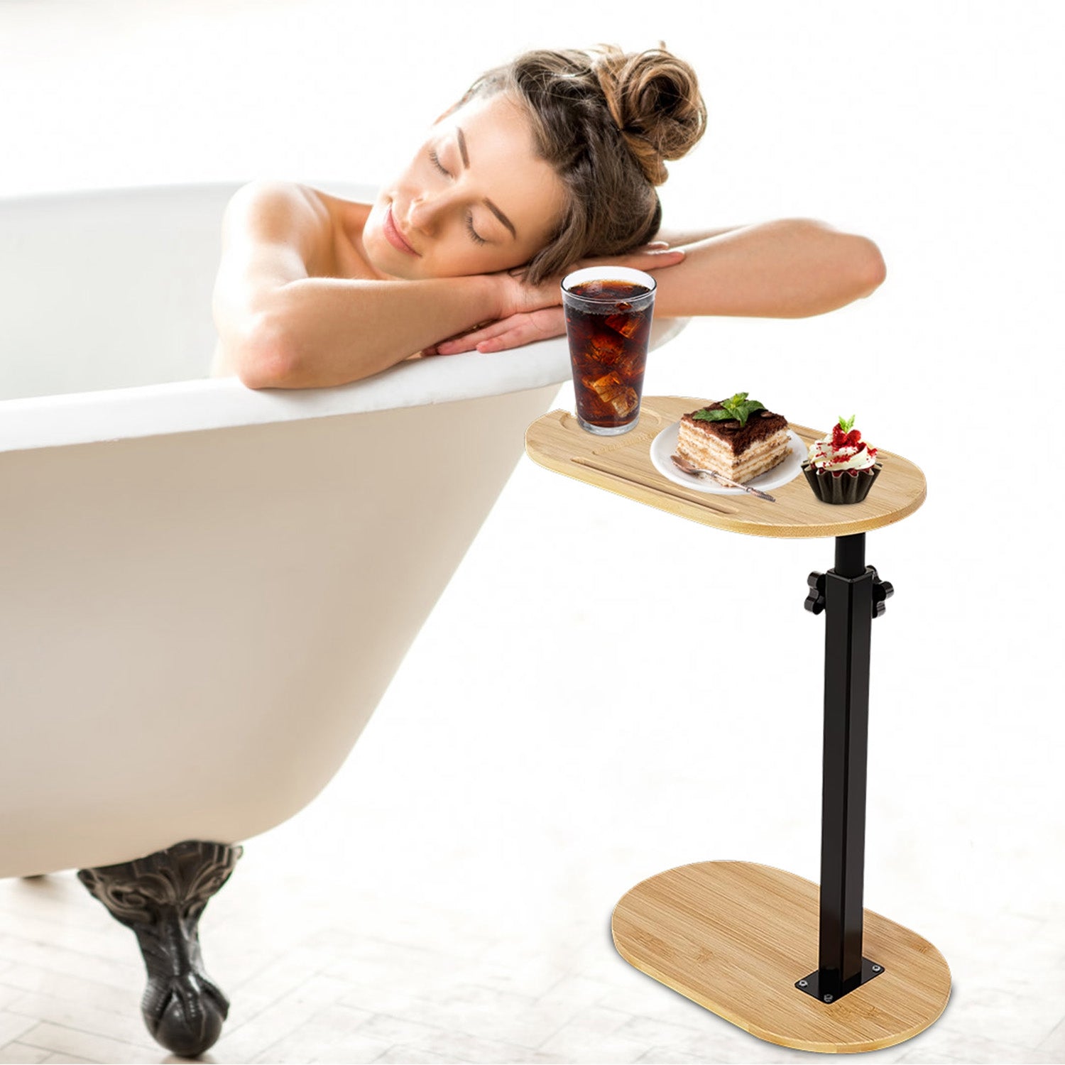 C-Shaped Bathtub Tray Table Adjustable Bamboo Bath Caddy
