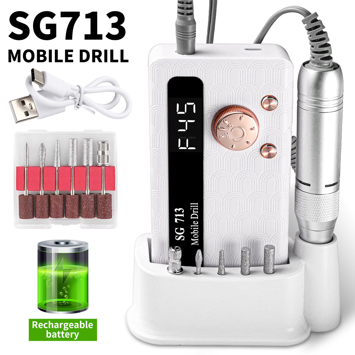45000RPM Portable Rechargeable Electric Nail Drill Kit