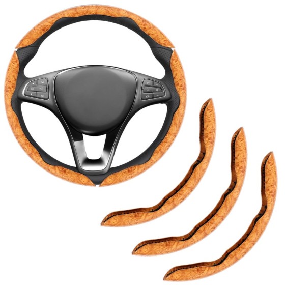 3PCS Wood Grain Steering Wheel Cover Segmented Grip