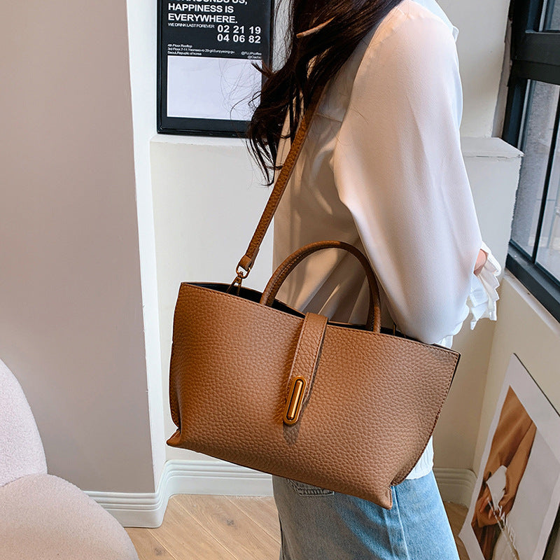 Large Capacity Litchi Pattern Shoulder Bag INS Zipper Bucket Tote Women