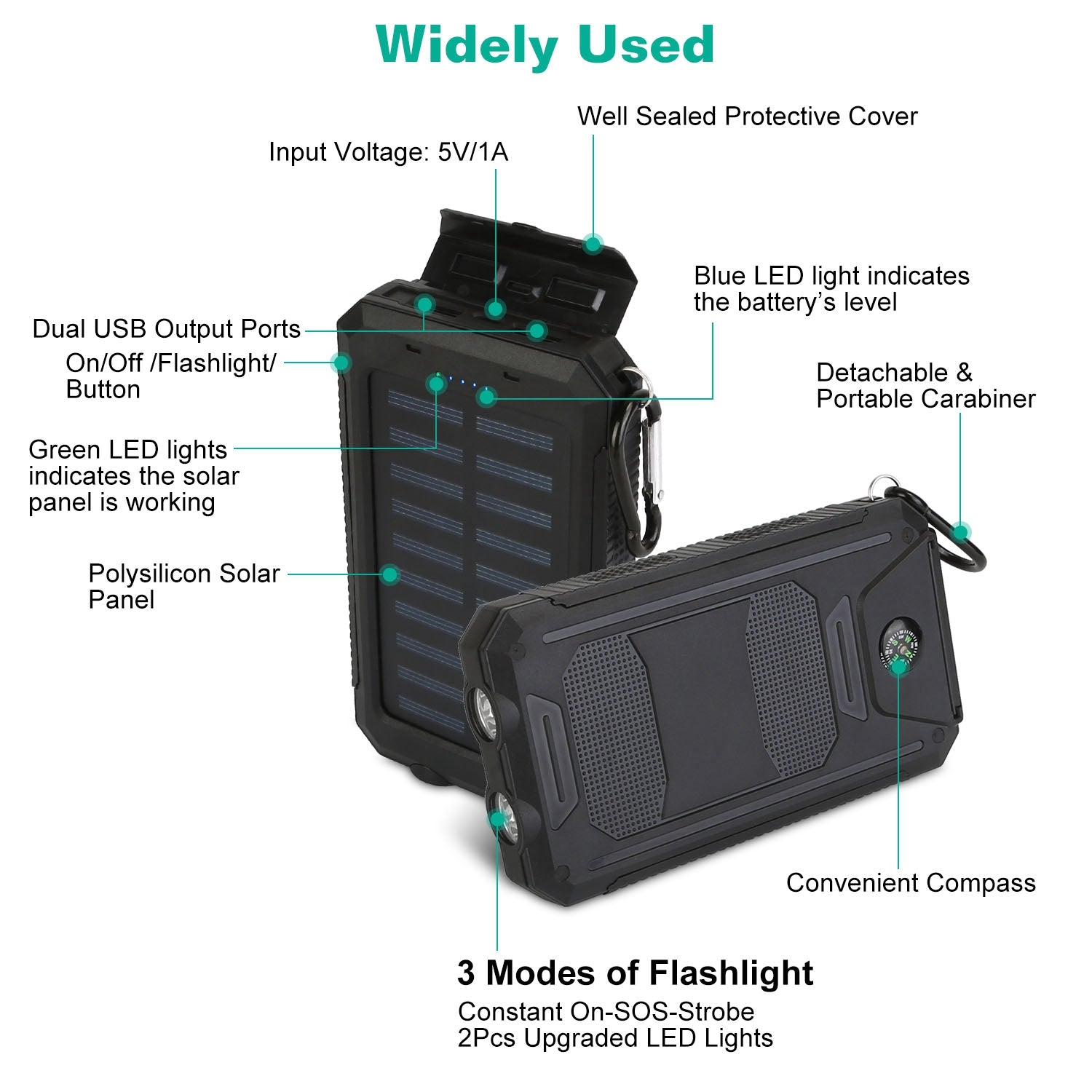 Solar Power Bank Dual USB Outdoor Charger with LED and Compass