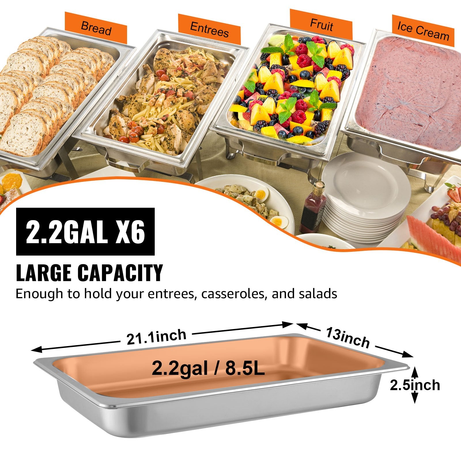 6 Pack Full Size Stainless Steel Steam Table Pans 8.5L Deep Set