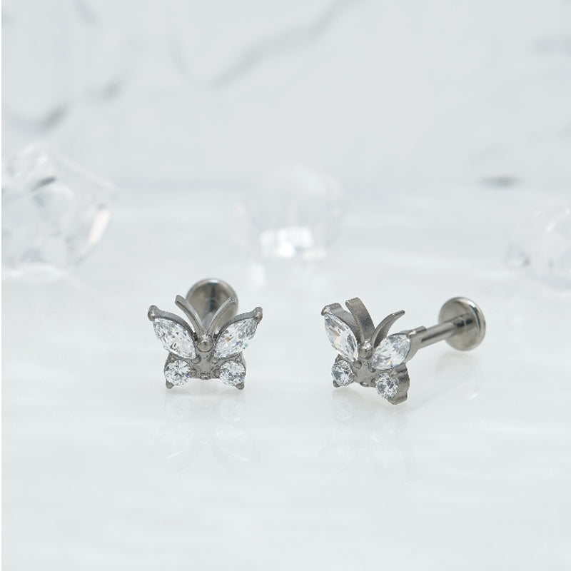 Butterfly Zircon Stud Earrings Titanium Floral Crystal Jewelry