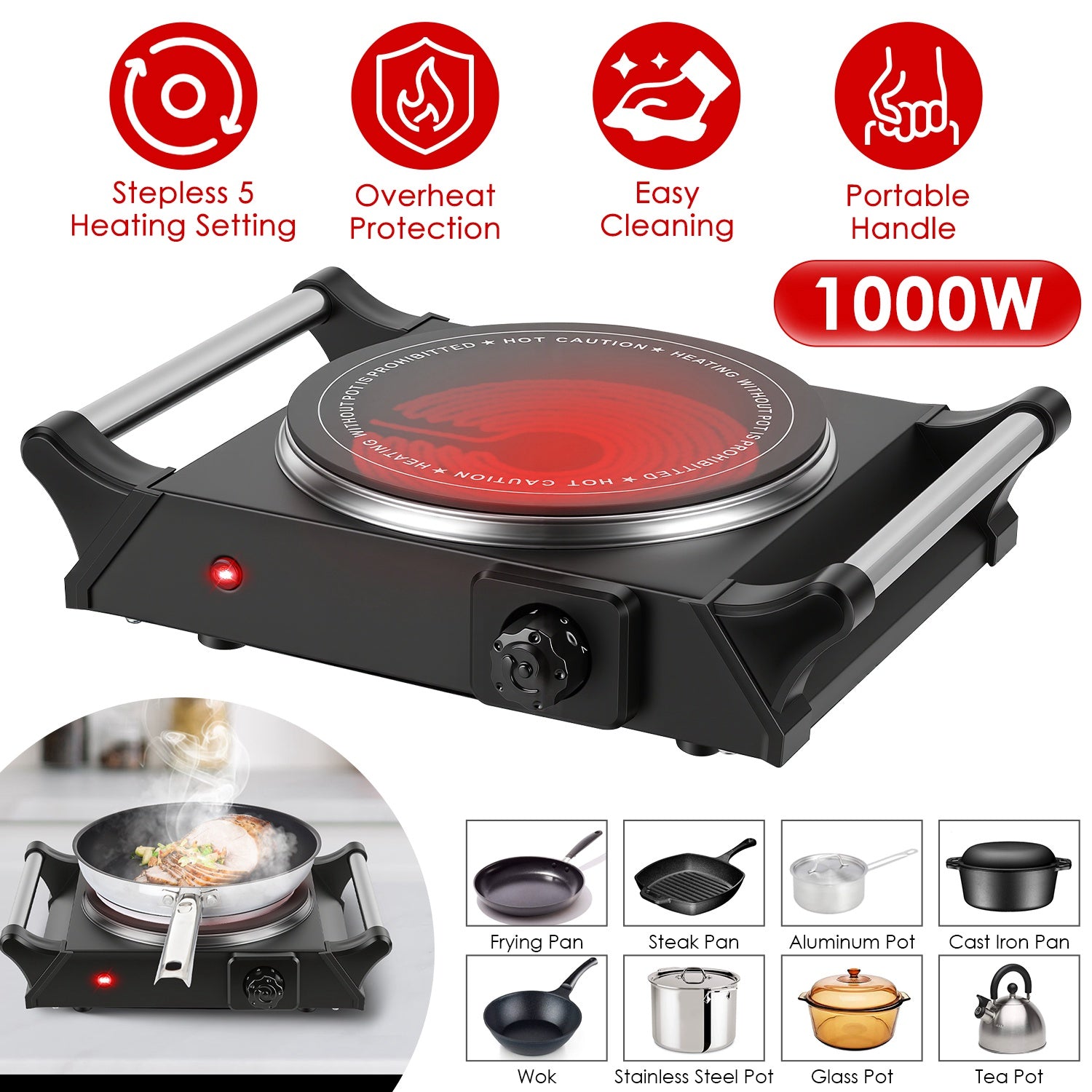 Portable Electric Hot Plate Single Burner 1000W Fast Heating Stove