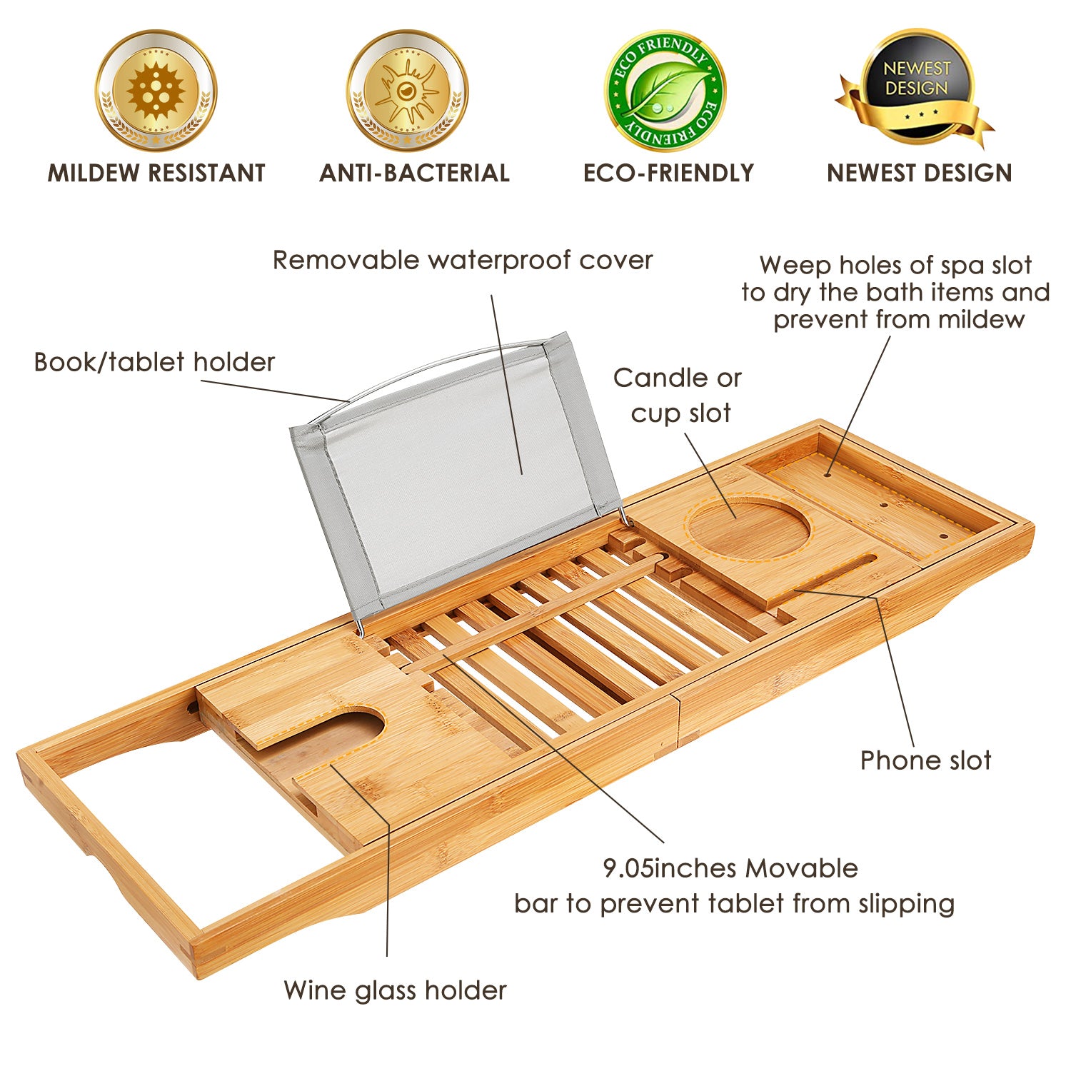 Extendable Bamboo Bathtub Caddy Tray with Phone Wine Holder Rack
