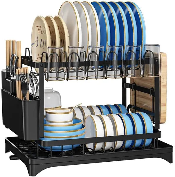 2 Tier Dish Drying Rack Rustproof Kitchen Organizer with Drainboard