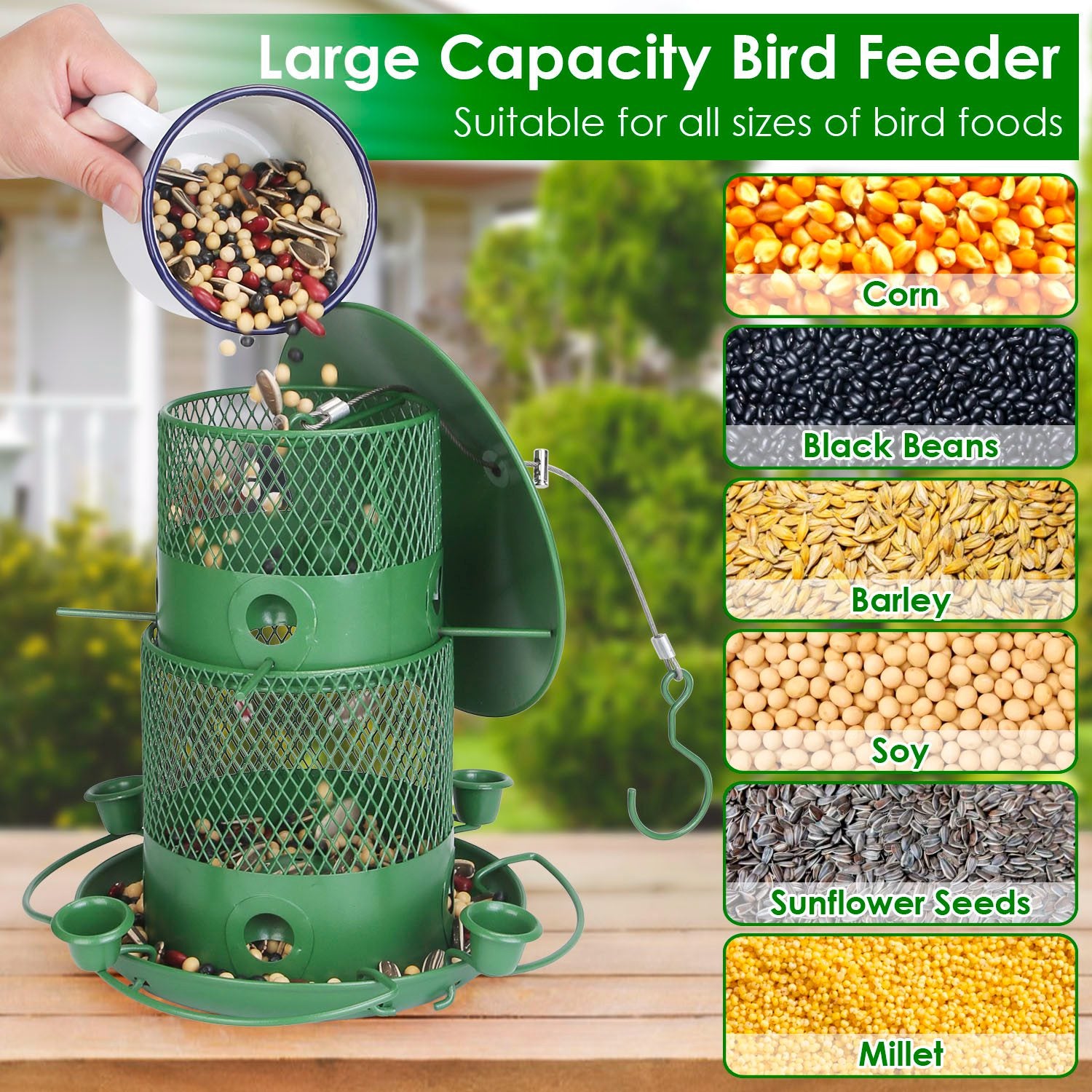 Large Squirrel Proof Hanging Bird Feeder Metal 6 Perch Garden