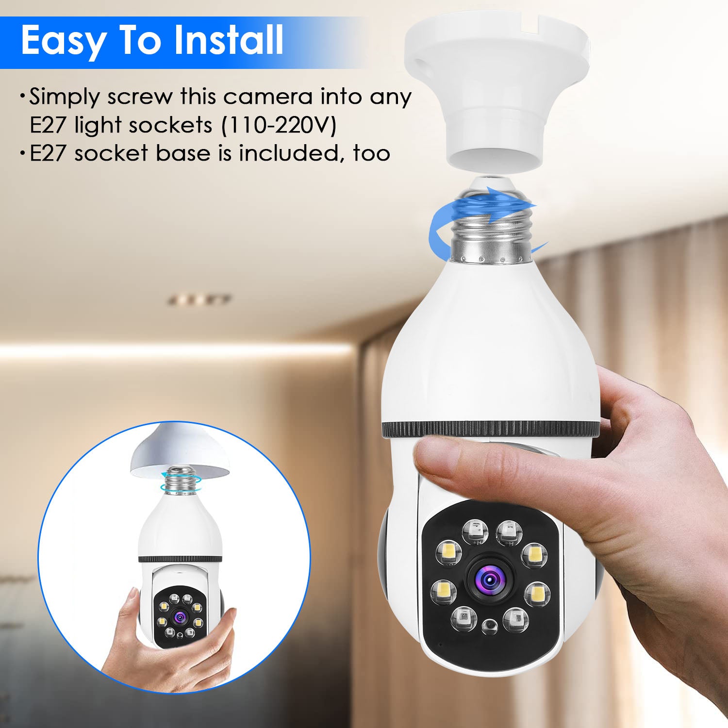 E27 WiFi Bulb Camera 1080P Security Cam with Night Vision & Motion Tracking