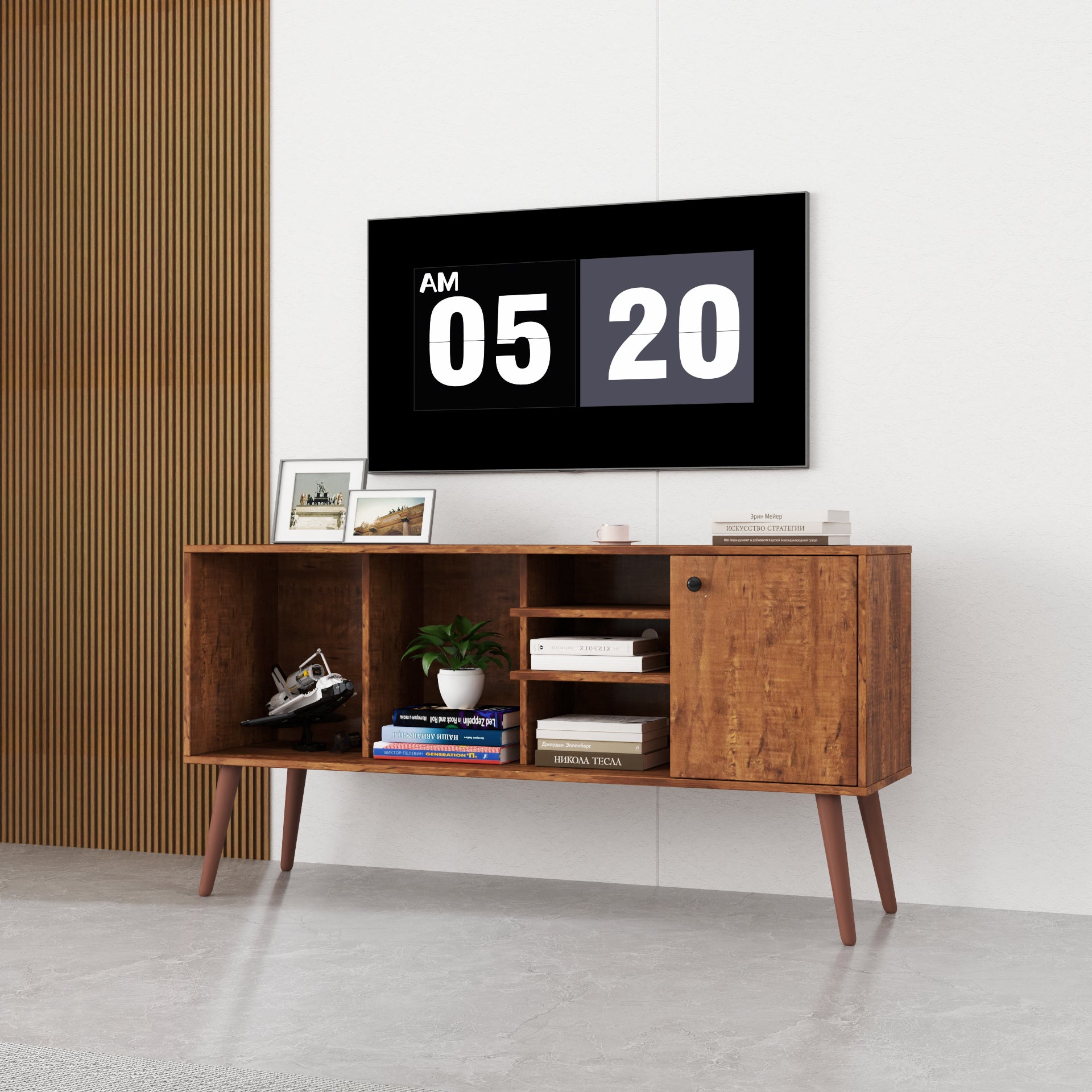 Walnut TV Stand Cabinet with Storage & 3 Open Shelves Unit