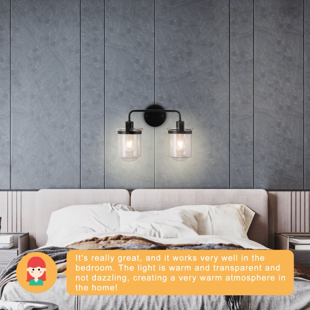 Modern Wall Sconce 2-Light Clear Glass Shade E26 Black Fixture