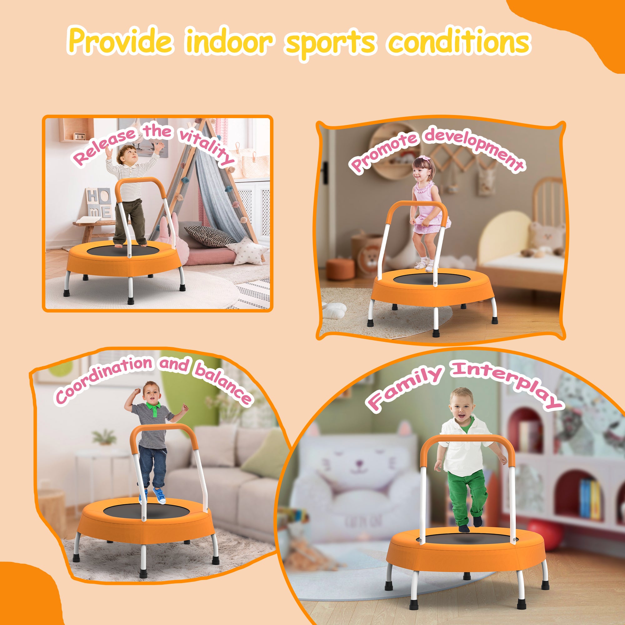 Toddler Mini Trampoline with Handle Safe Indoor Outdoor Play