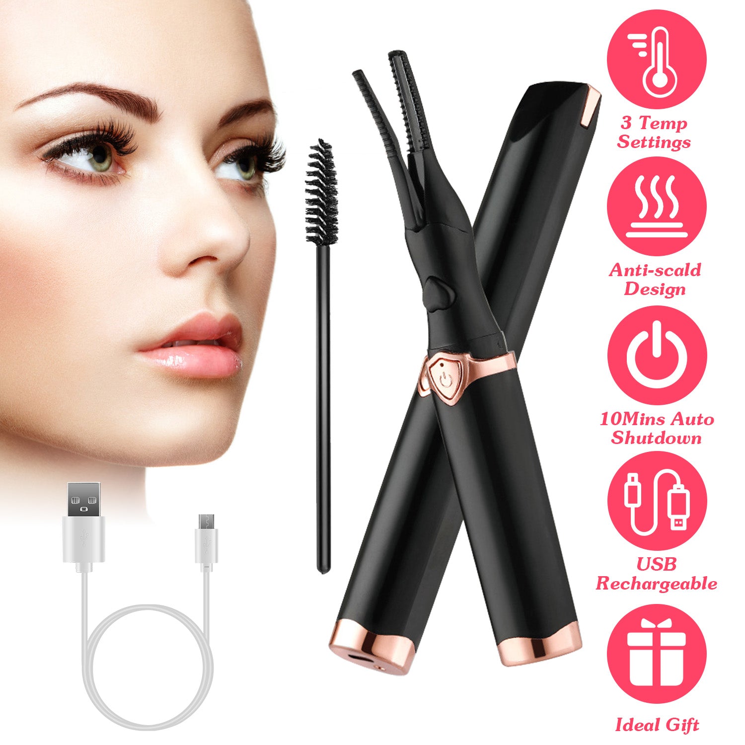 Heated Eyelash Curler with Comb 3 Temp Settings USB Rechargeable