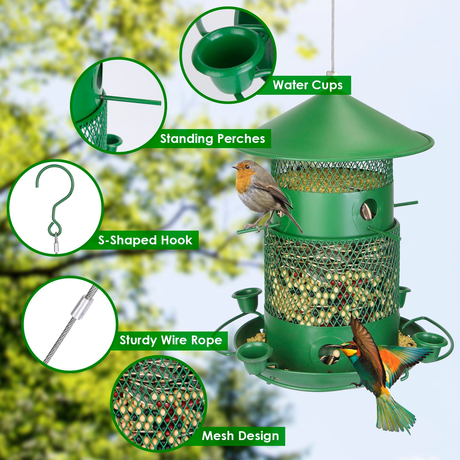 Large Squirrel Proof Hanging Bird Feeder Metal 6 Perch Garden