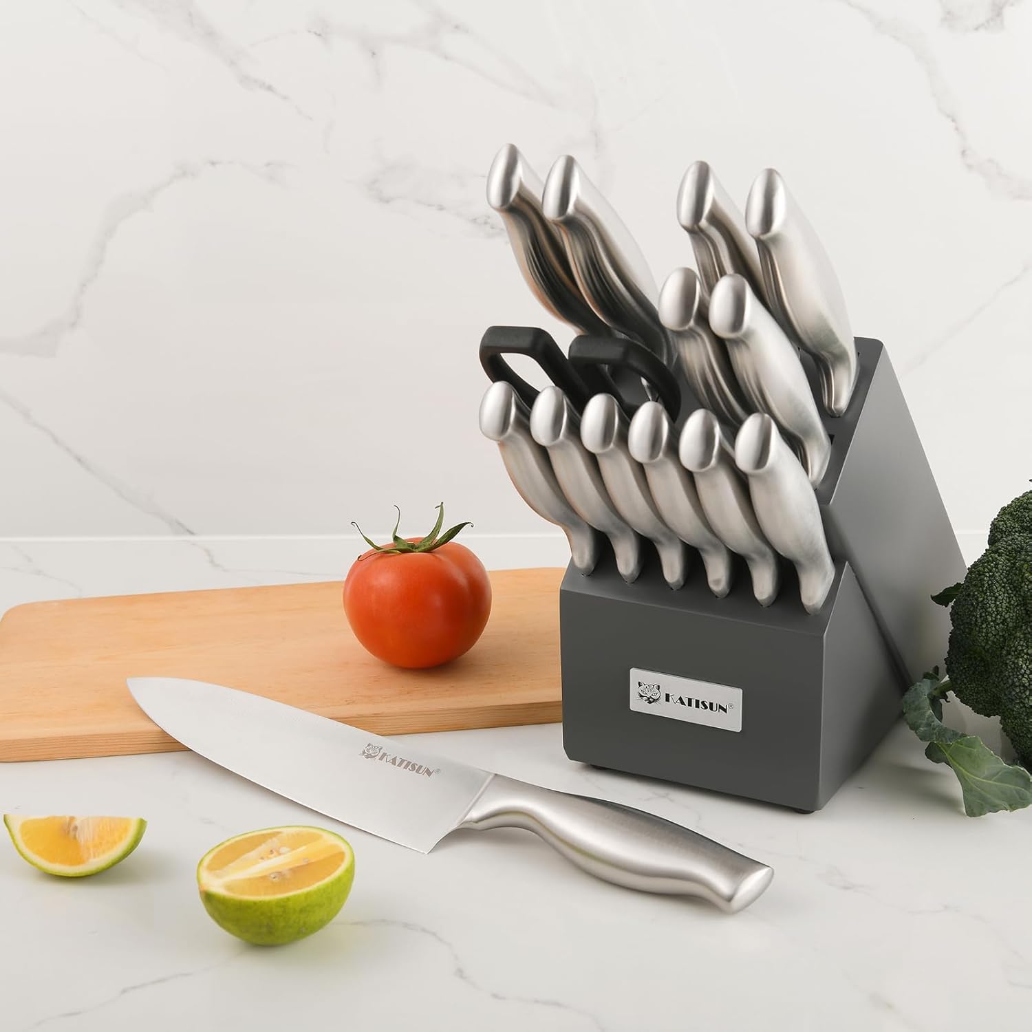 15 Piece Kitchen Knife Set with Block Ergonomic Handle Chef Set