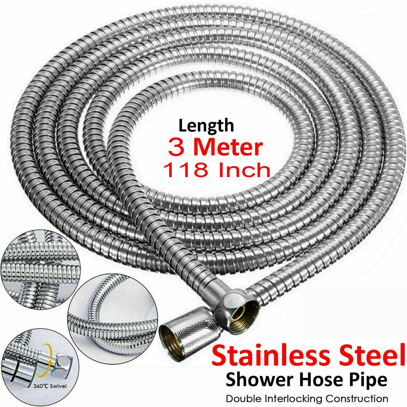 3m Stainless Steel Shower Hose Extra Long Anti-Twist 118 Inch