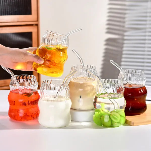 Premium Glass Straw Cup Set Reusable Coffee Juice and Drink Glasses