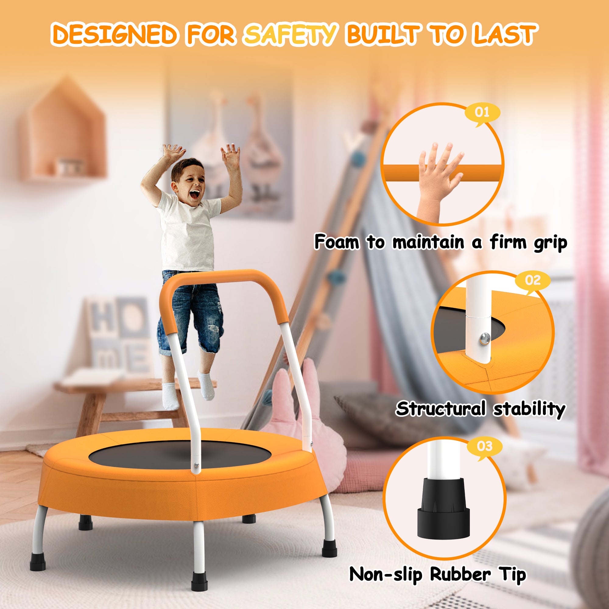 Toddler Mini Trampoline with Handle Safe Indoor Outdoor Play