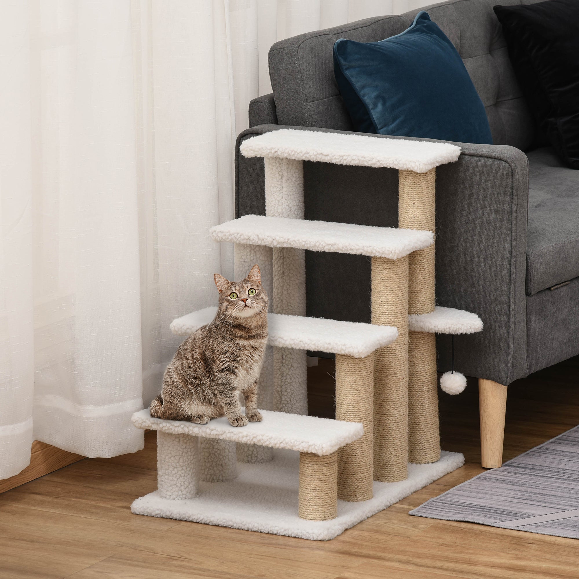 Premium 4 Level Cat Steps with Scratching Posts for Bed Sofa