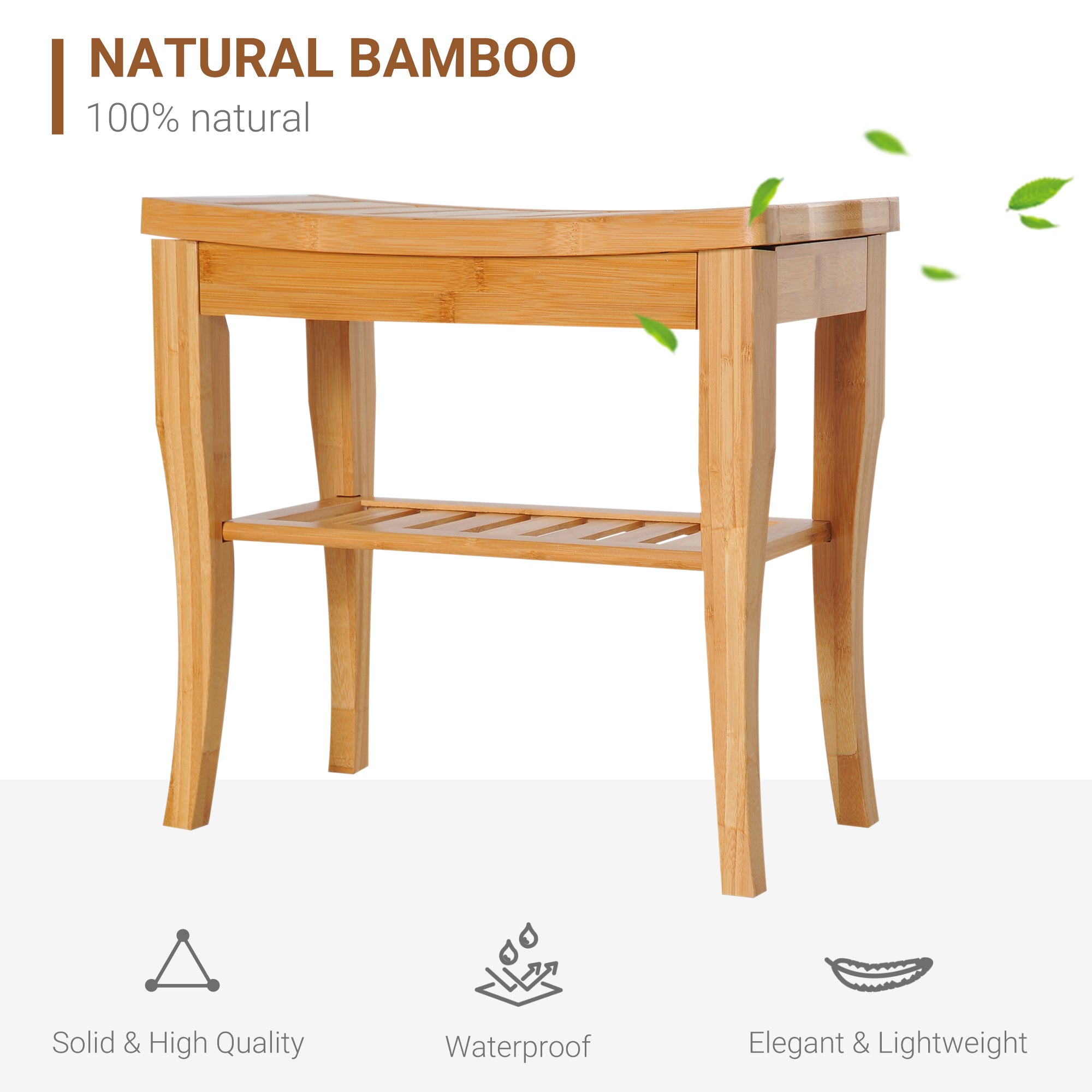Premium Bamboo Shower Bench Seat with Storage Shelf & Support