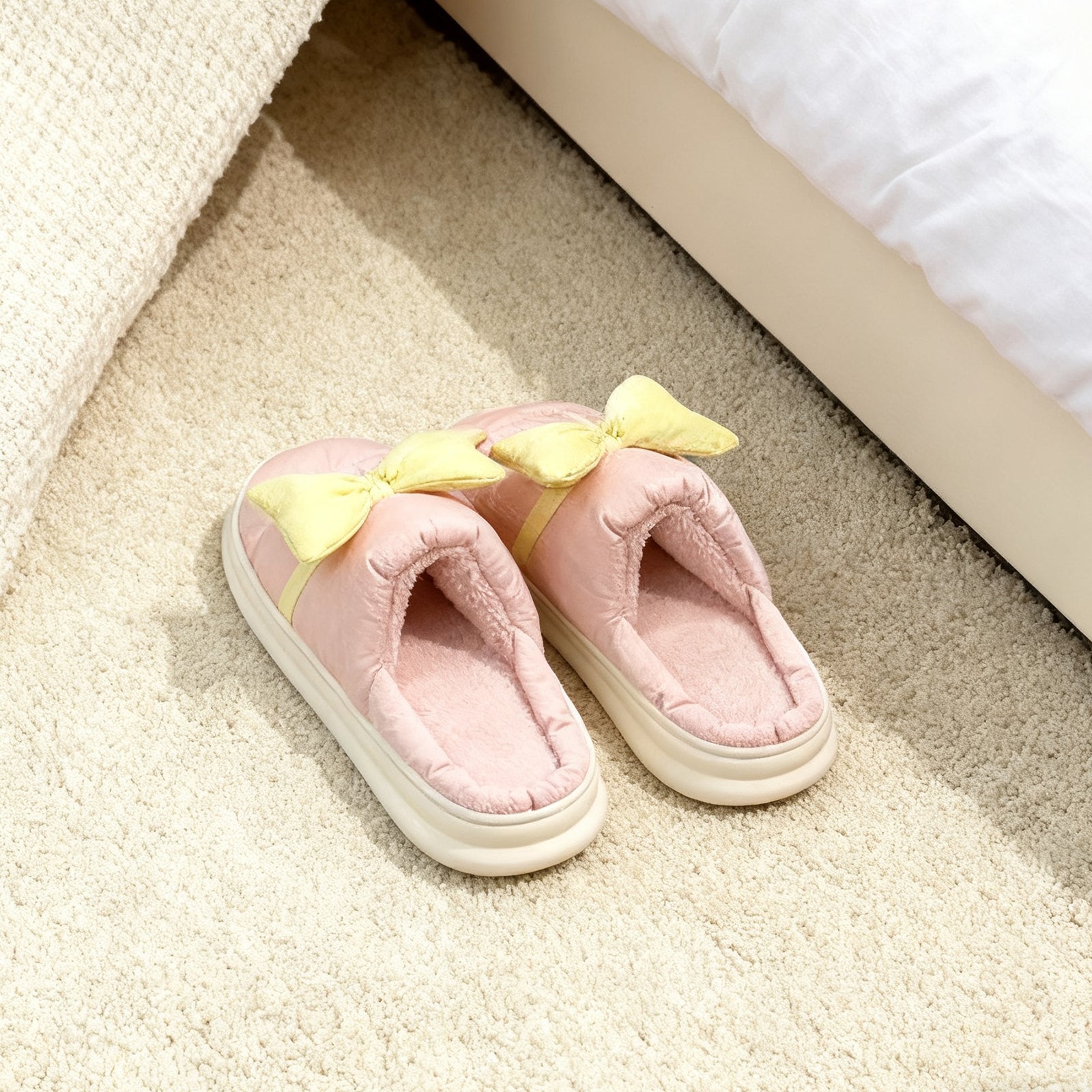Pink Bow Cotton Slippers Soft Indoor House Slippers
