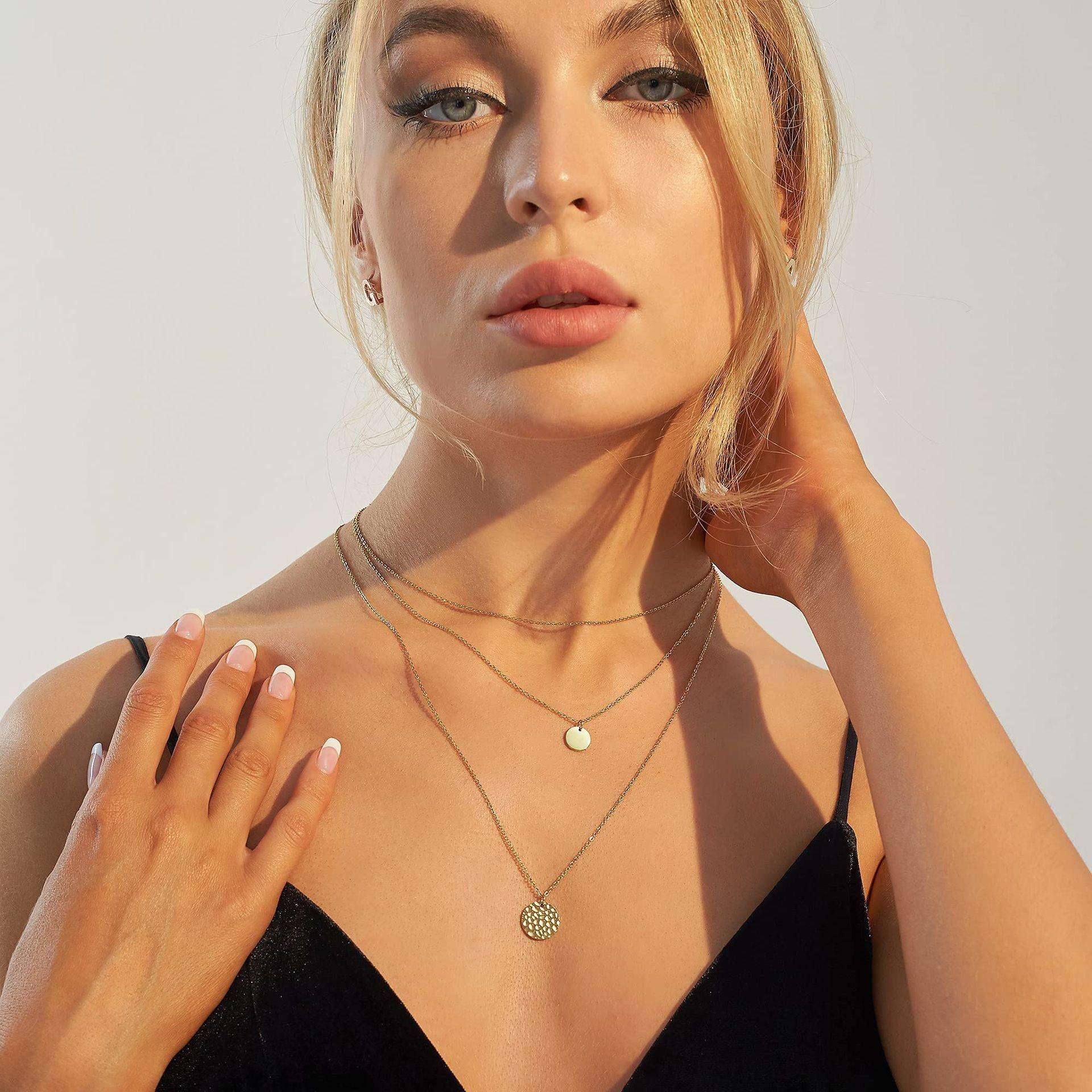 Luxury Gold Layered Choker Necklace 14K Bar Coin Charm Set