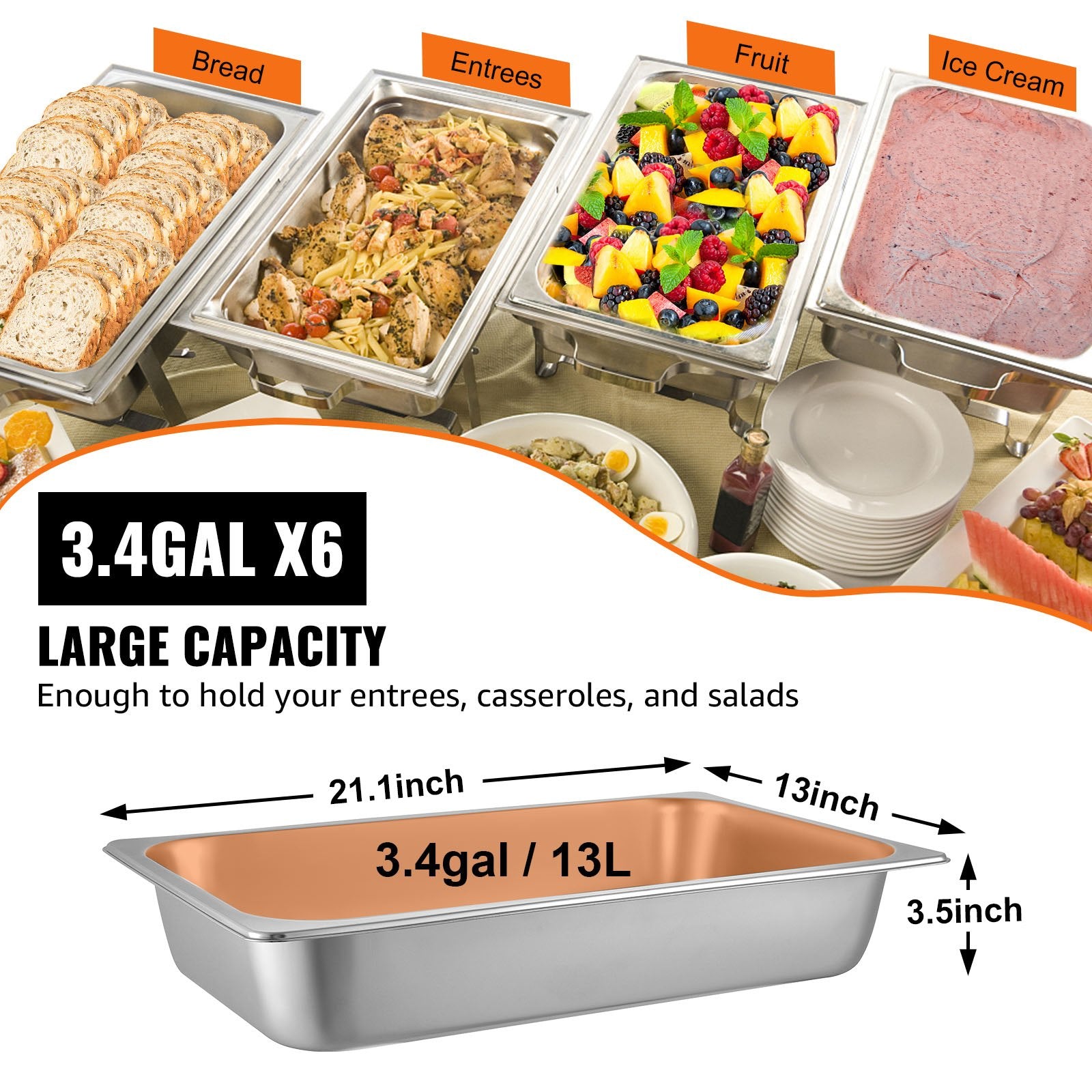 6-Pack Stainless Steel Steam Table Pans Full Size Deep 13L