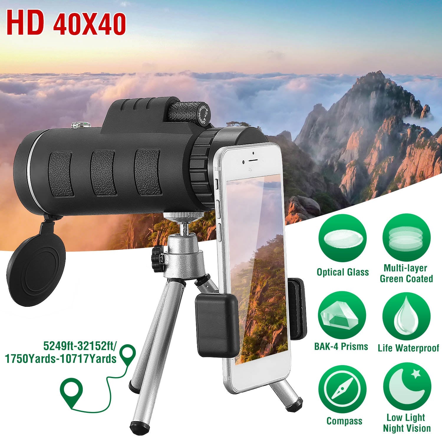 40x60 HD Optical Monocular Telescope with FMC Lens and Tripod