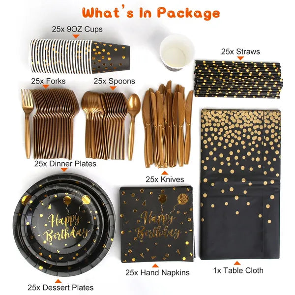 201PCS Black Gold Birthday Party Supplies Dinnerware Set