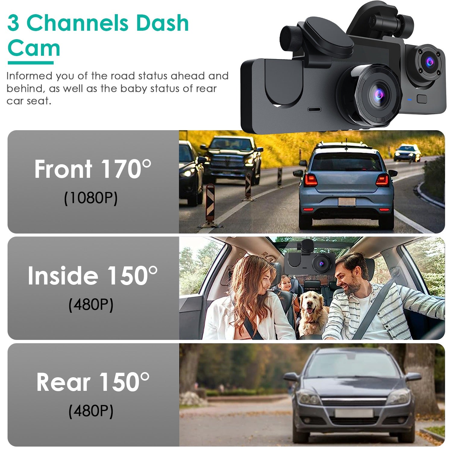 3 Channel Car Camera 1080P Dash Cam with 32GB Card