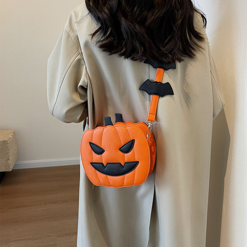 Halloween Pumpkin Cartoon Crossbody Bag with Bat Fun Shoulder Bag for Women