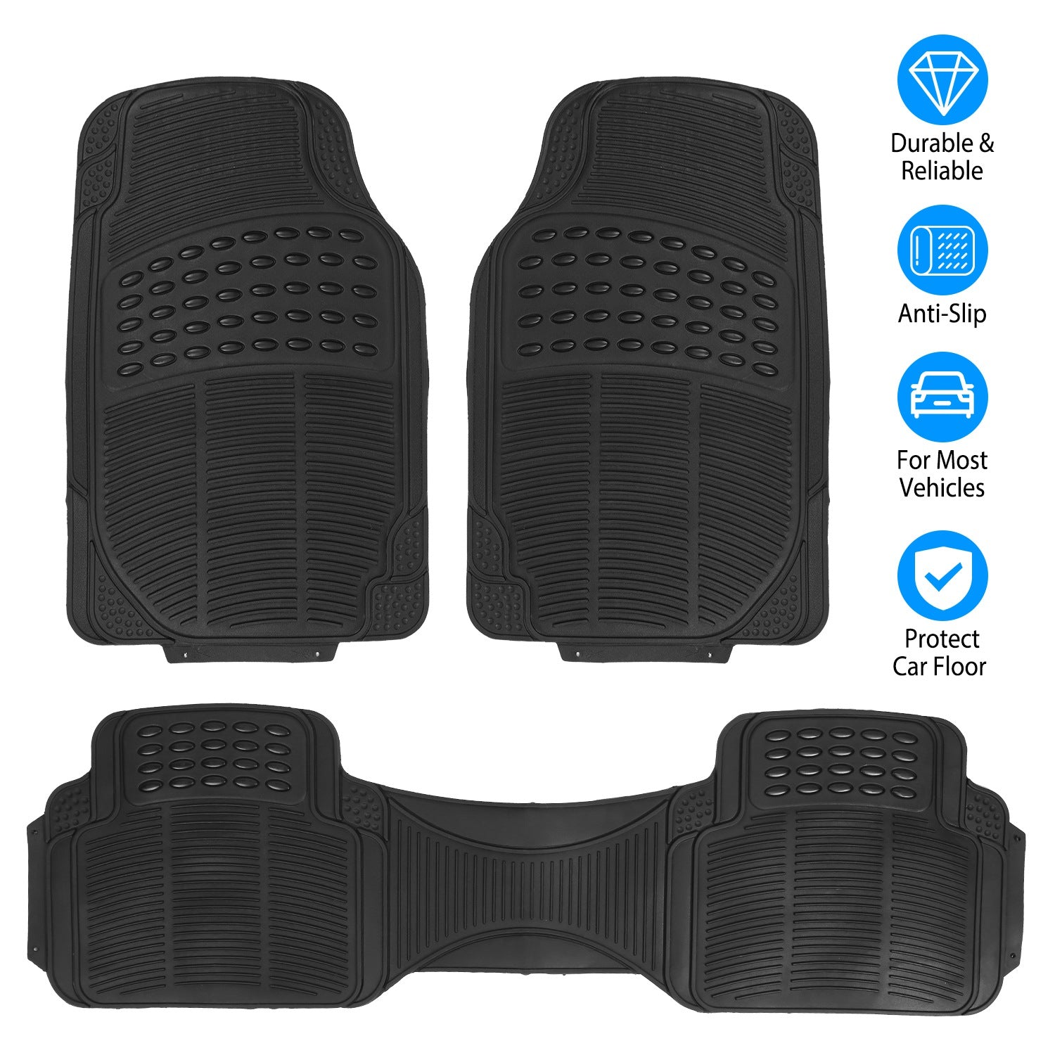 3PCS Heavy Duty Car Floor Mats PVC Trim-to-Fit Anti-Slip Set