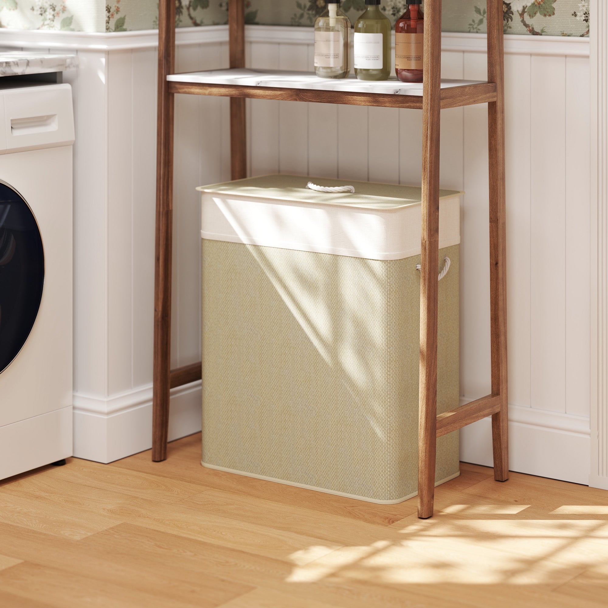 Bamboo Double Laundry Hamper with Lid & Removable Liners