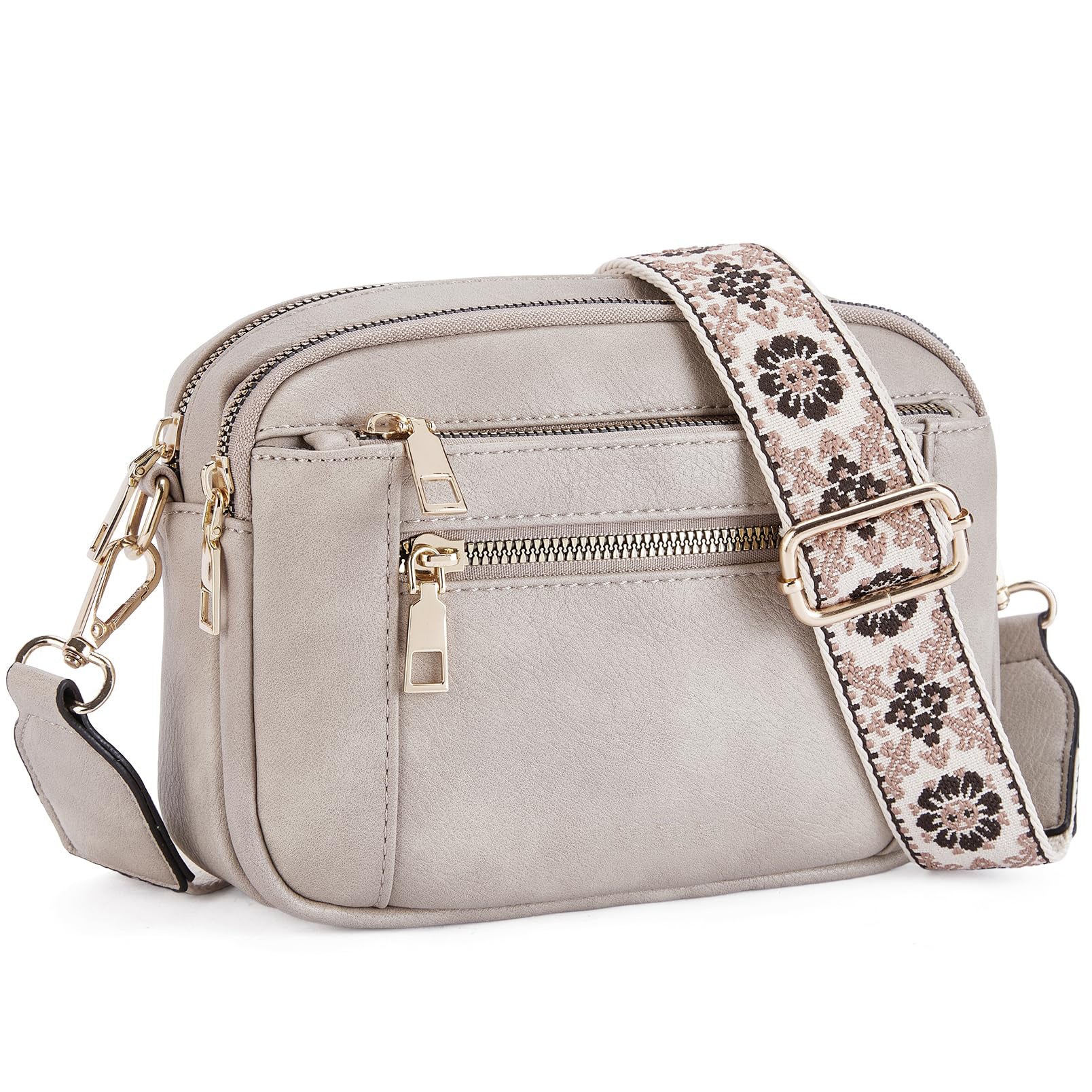 Triple Zipper Shoulder Bag Colorblock Crossbody with Floral Strap for Women