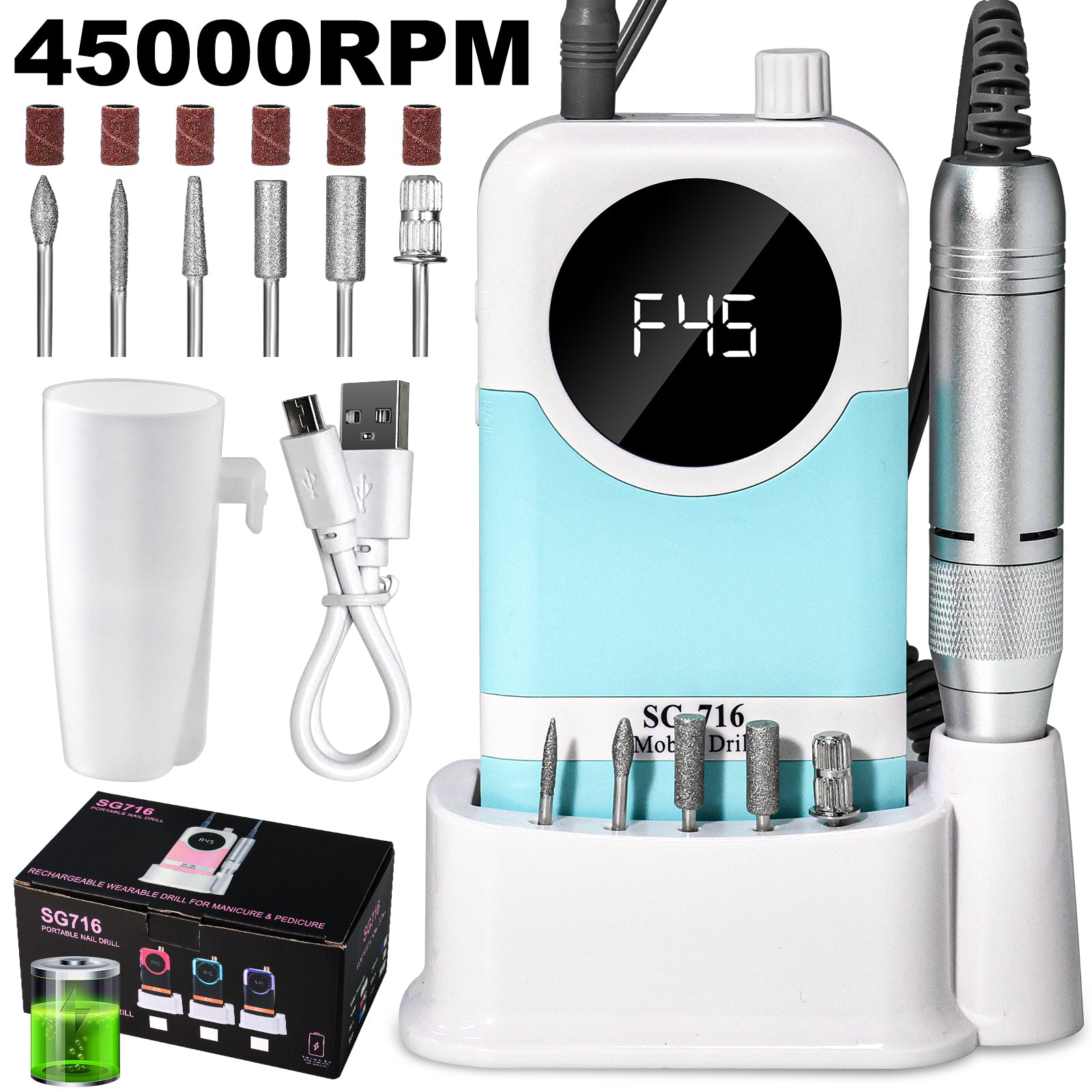 45000 RPM Portable Electric Nail Drill Kit with 6 Bits & LED
