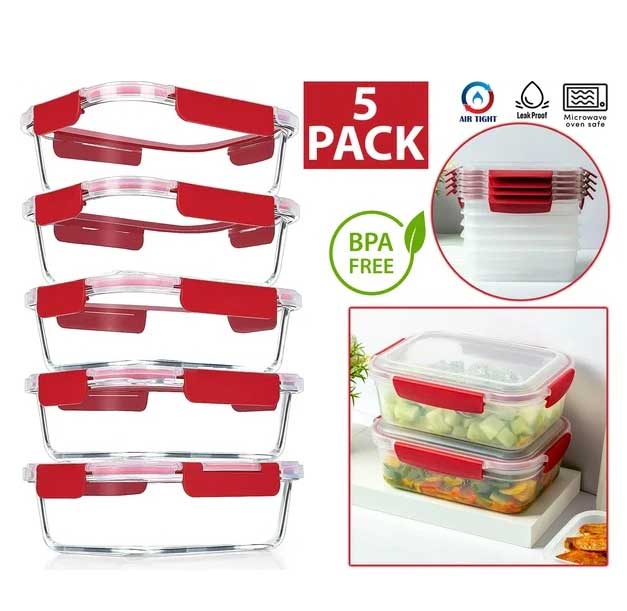 5 Pack Airtight Food Storage Containers with Snap Lock Lids