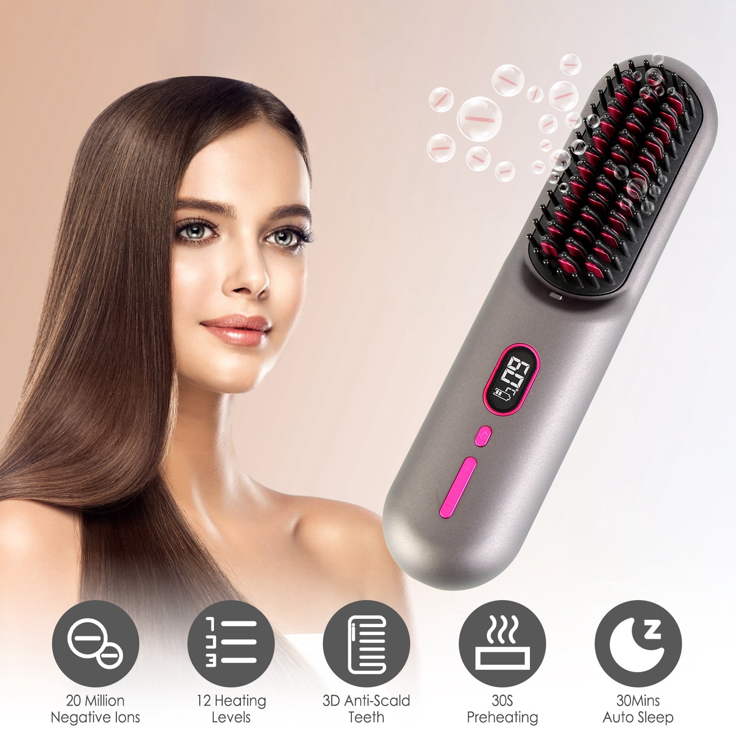Cordless Negative Ion Hair Straightener Brush Mini LCD Styling Comb
