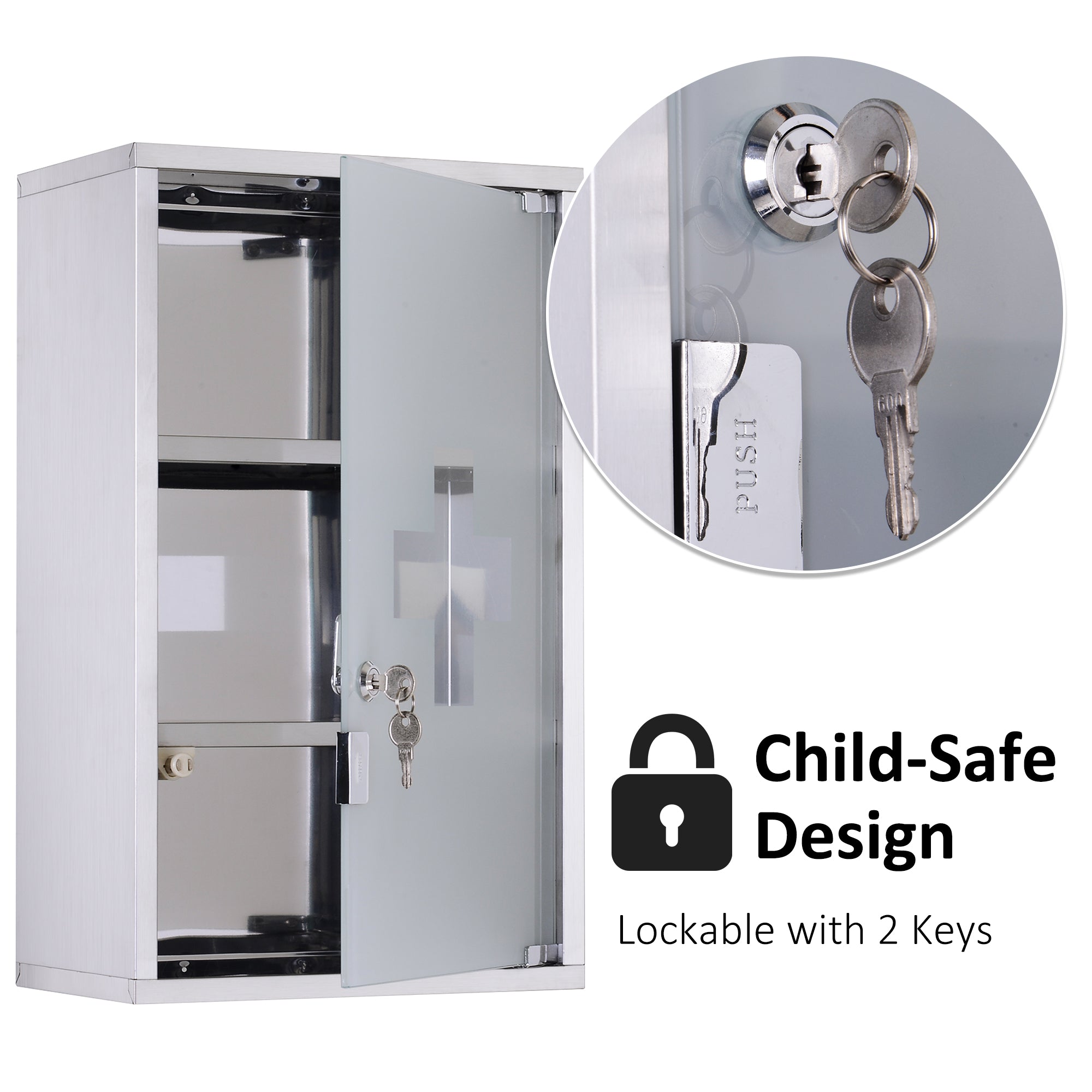 Secure Stainless Steel Medicine Cabinet with Lock & 3 Shelves