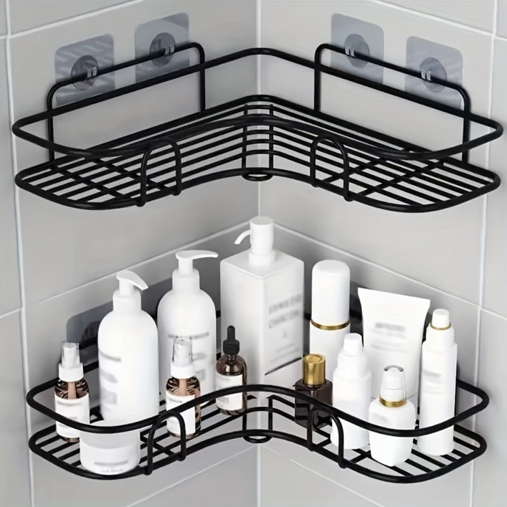 2 Wall Mounted Bathroom Shelves No Drill Space Saving Storage Rack Set