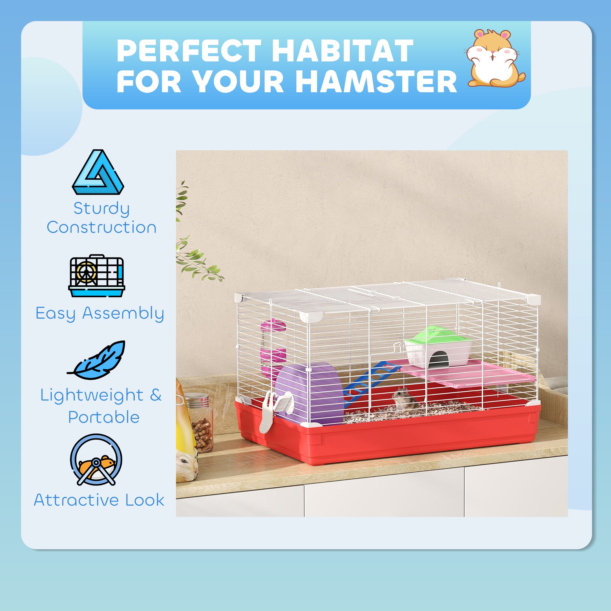 18.5-Inch 2-Story Hamster Cage with Exercise Wheel & Water Bottle – Small Animal Habitat