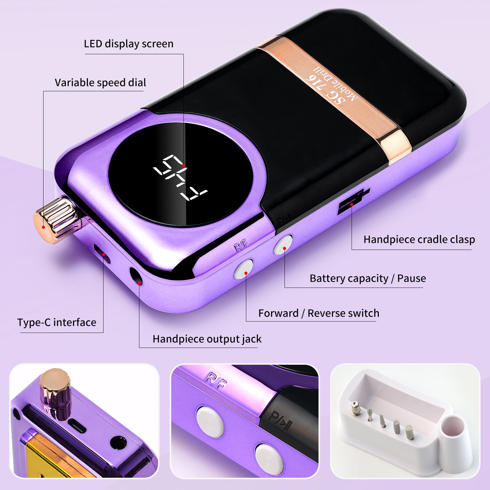 45000 RPM Portable Electric Nail Drill Kit with 6 Bits & LED