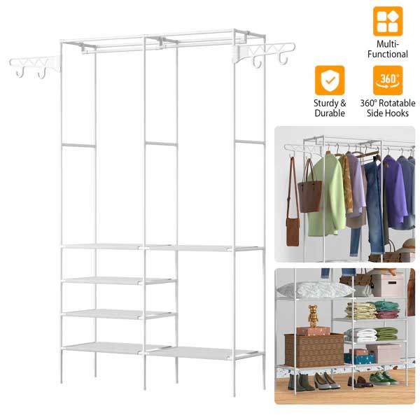 Heavy Duty Garment Rack with Shelves & Hooks Closet Organizer