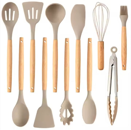 12PCS Non-Stick Silicone Kitchen Utensils Set with Wooden Handles
