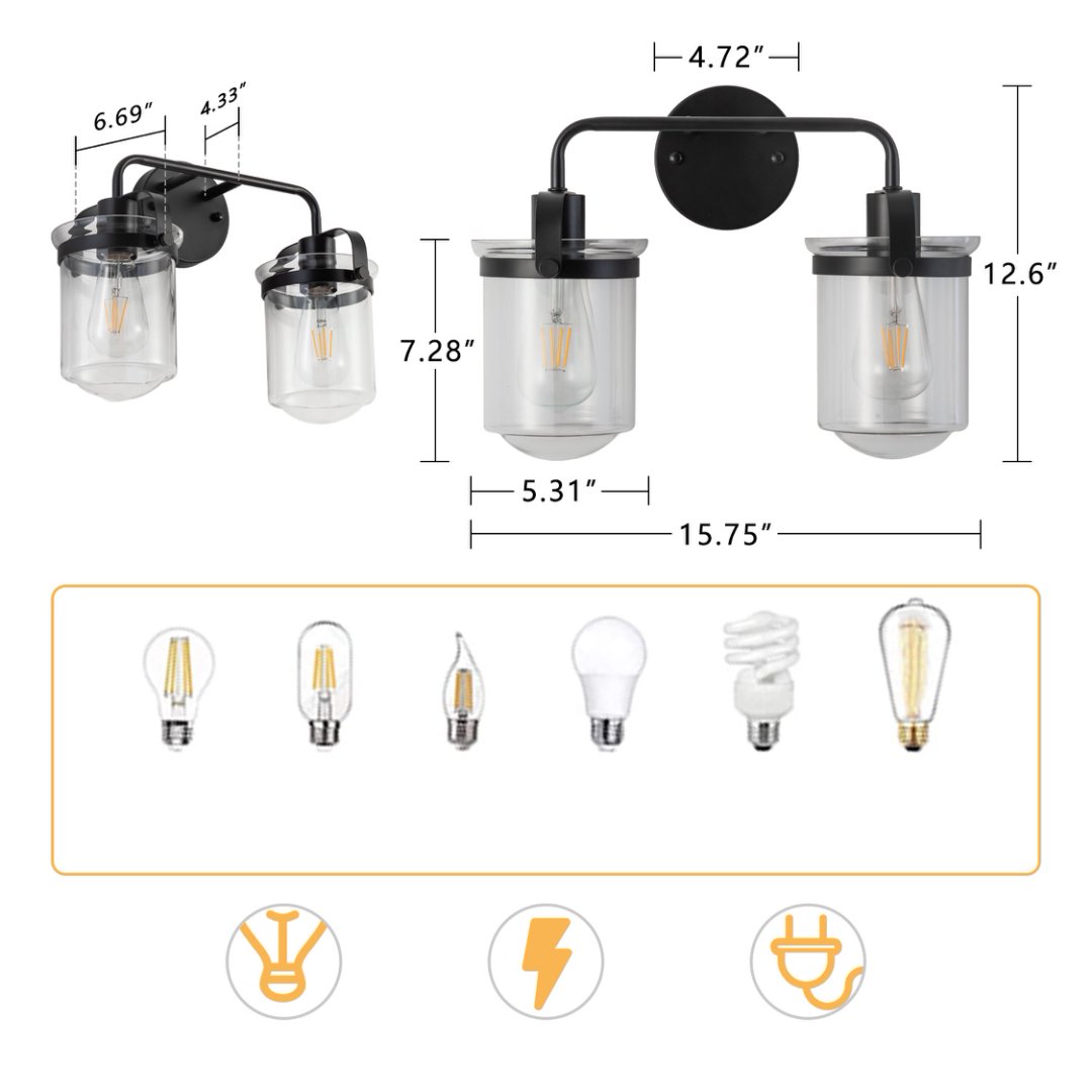 Modern Wall Sconce 2-Light Clear Glass Shade E26 Black Fixture