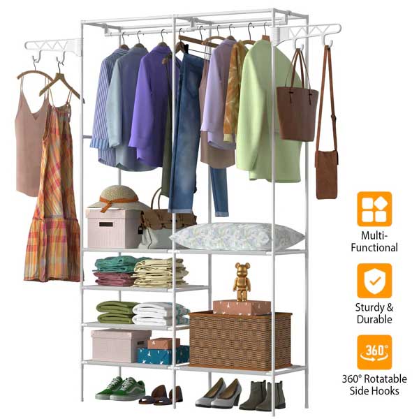 Heavy Duty Garment Rack with Shelves & Hooks Closet Organizer