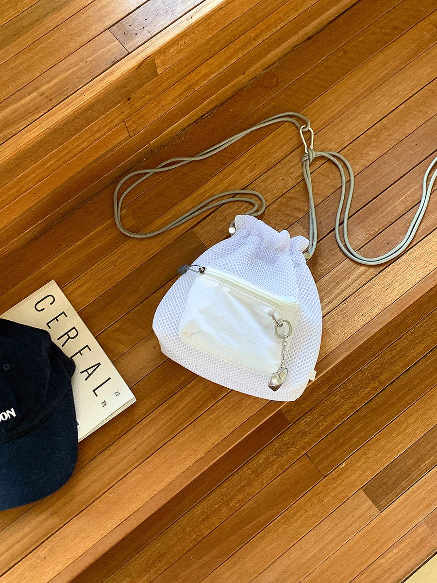 Small Mesh Drawstring Bucket Bag Cute Fashion Messenger Shoulder Bag for Women