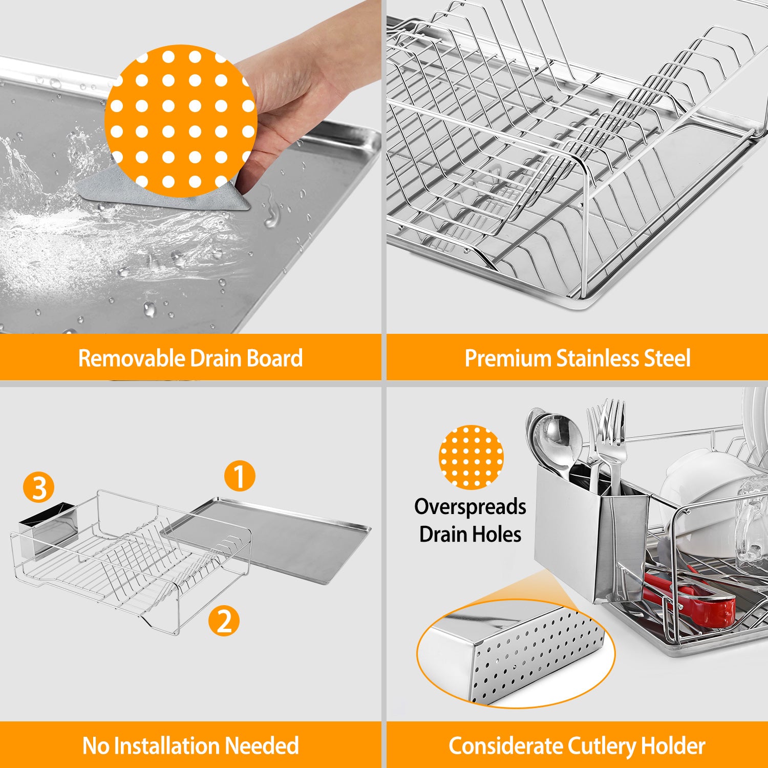 Stainless Steel Dish Drying Rack with Drainboard Cutlery Holder