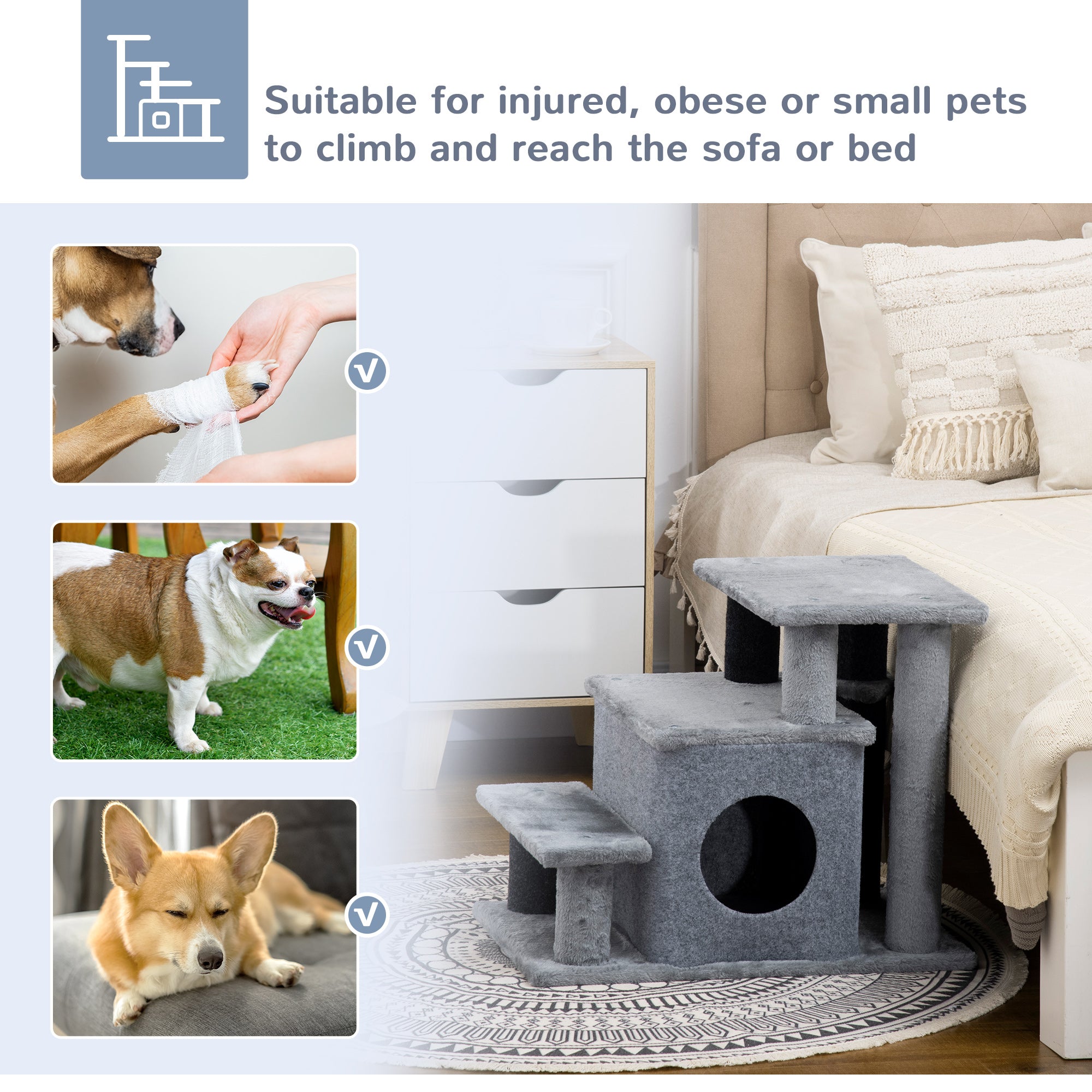 Adjustable Cat Stairs with Scratching Post & Condo – 3-Step/4-Step Pet Steps for Bed & Sofa